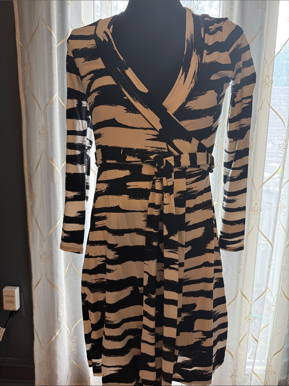Banana Republic Black and Cream Striped Wrap Dress